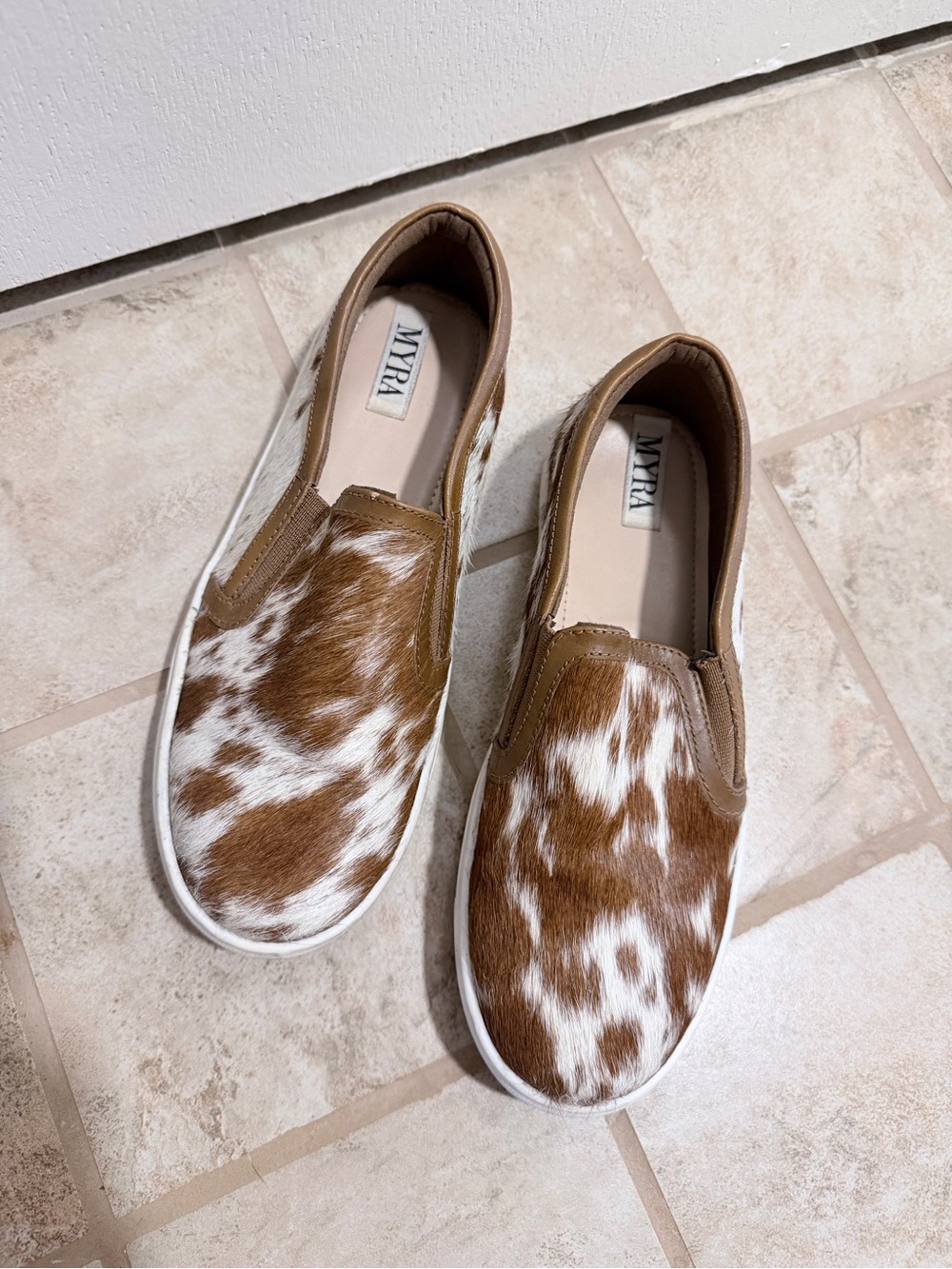 Myra Brown and White Cowhide Slip-On Loafers